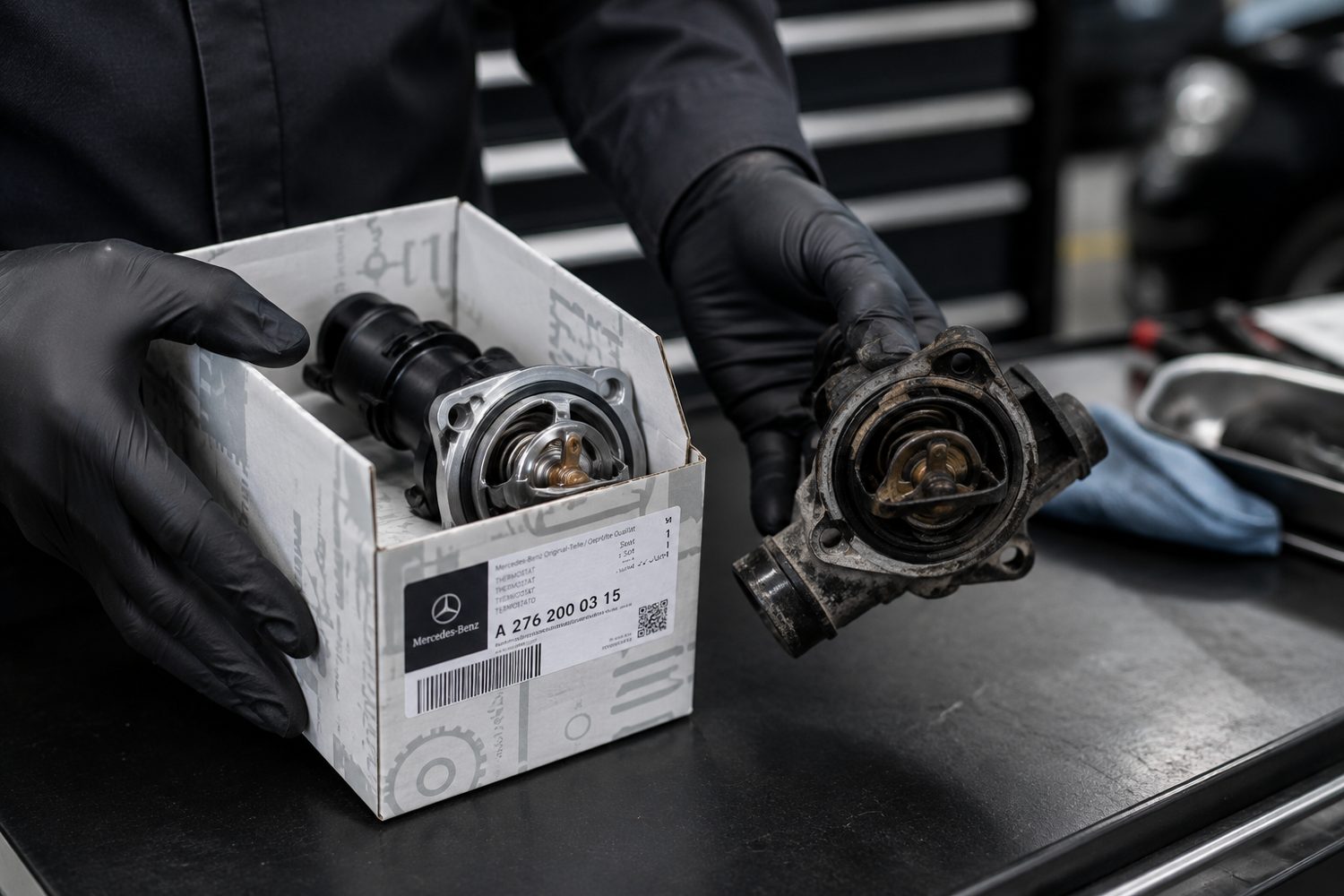 New OEM Mercedes part beside the old part removed