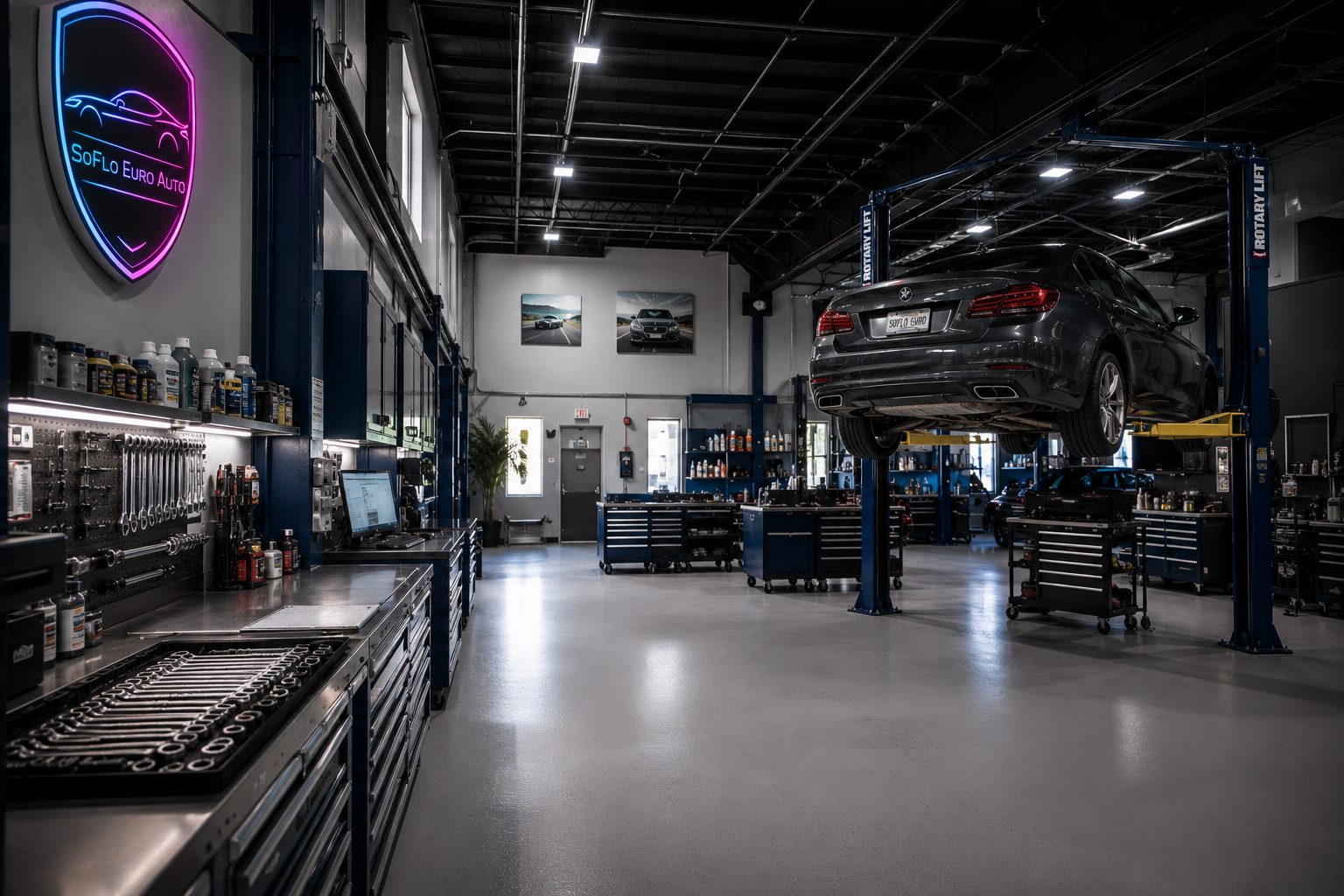 European car on a lift for scheduled maintenance at SoFlo Euro Auto in Coral Springs, FL